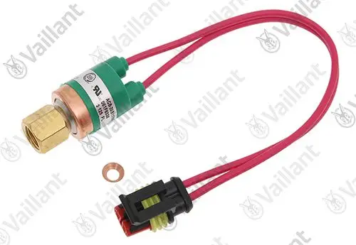 Vaillant Hochdruck-Druckwächter mit einem metallenen Anschluss, zwei roten Kabeln und einer Kupferdichtung. Er dient zur Überwachung des Drucks in Heizsystemen.